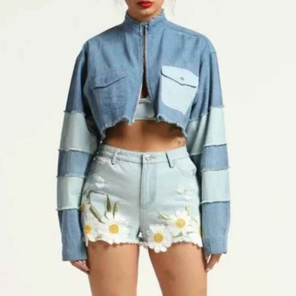 REHAB 2-Tone Denim Chambray Zip-up Crop Top
